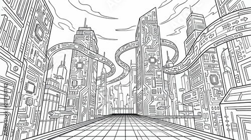 Foto Futuristic Cityscape with Circuit Board Architecture and Sky Bridges, Vector Ill