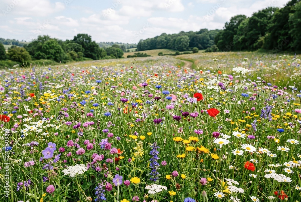 Obraz premium Field of wild summer flowers under blue sky.