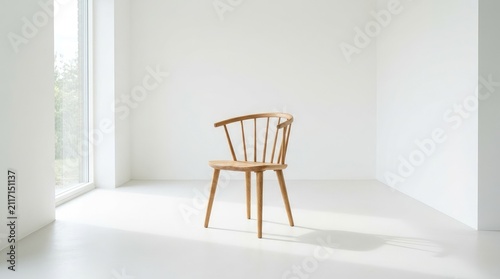 Minimalist Wooden Chair Standing Alone in a Bright Modern Interior Room with Natural Sunlight