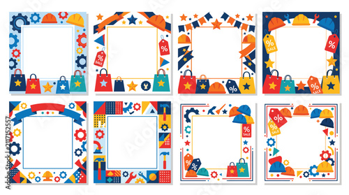A collection of eight colorful square frames decorated with construction tools, hard hats, gears, and shopping bags, suitable for labor-themed events or social media template