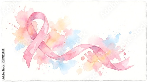 A beautiful watercolor illustration of a pink breast cancer awareness ribbon set against a soft colorful abstract background