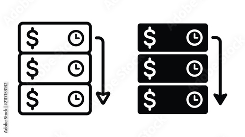 Set of financial progress icons illustrating currency symbols and timing indicators with arrow workflow progress currency investment business management efficiency