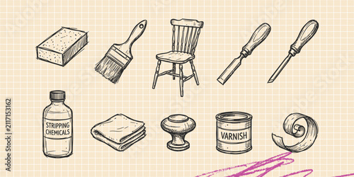 Hand drawn vintage black ink scribble doodle vector set of painting brush palette and fine art icons for creative graphic design