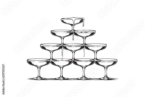 Champagne glass tower drawing on white background isolated on white background, Vector
