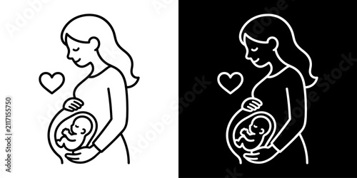 お腹の赤ちゃんを大切にする妊婦のモノクロ線画アイコン
