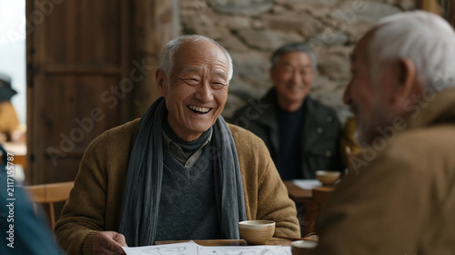 A multicultural group of retirees gathered around a caricature artist at a modest neighborhood cafe, the older friends laughing openly at exaggerated portraits of each other