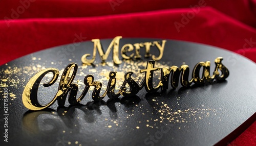Elegant luxury black and gold Merry Christmas greeting text with sparkles on festive red velvet background for holiday seasonal celebration