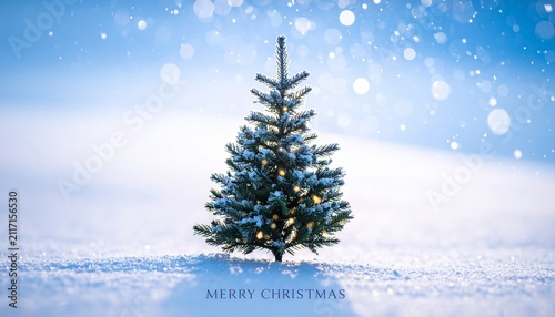 Minimalist Christmas tree in snowy field with glowing lights and subtle snowfall effect featuring Merry Christmas greeting text