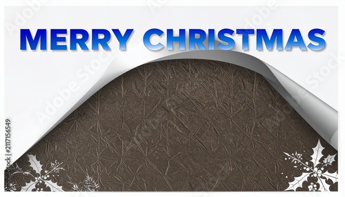 Modern Merry Christmas Typography with Copy Space on Peeling White Paper and Brown Leather Background