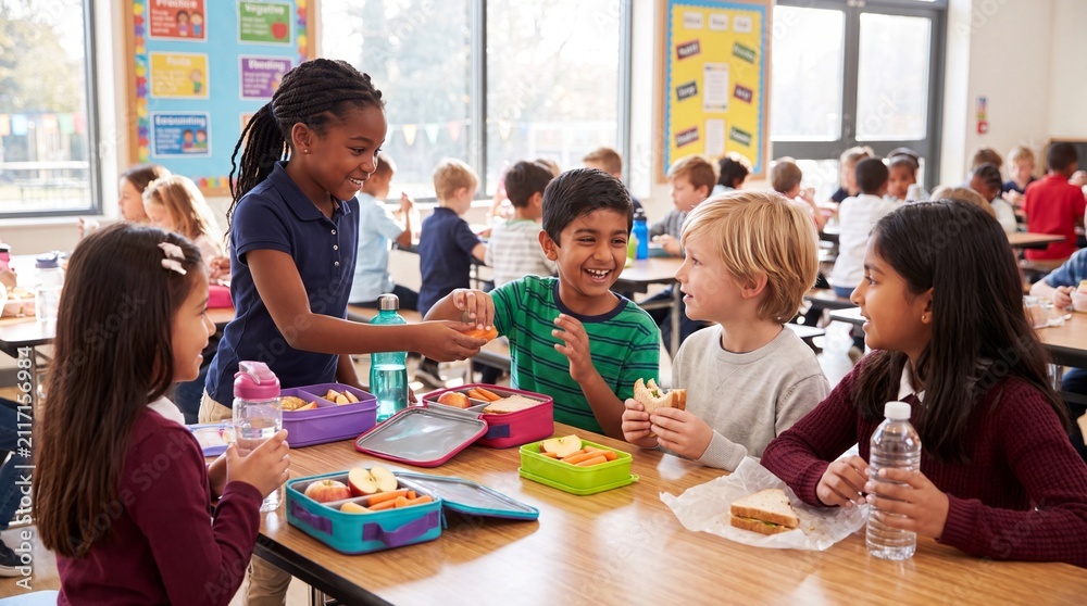 Obraz premium Group of diverse children sharing lunch at a school cafeteria, colorful lunchboxes and drinks on the table, classmates engaged in conversation