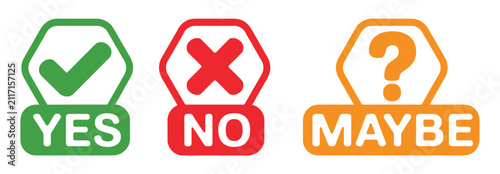 Fotografie Yes, No, Maybe Decision Icons: A set of three decision-making icons, each in a distinct color, representing options of YES with a green checkmark, NO with a red cross