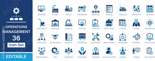 Operations Management 36 editable solid icon set. Factory, warehouse, workflow, logistics, maintenance, quality control and productivity vector icons for UI, UX, web and app design.