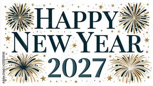 Happy New Year 2027 celebration banner with golden fireworks, stars and festive typography design on white background
