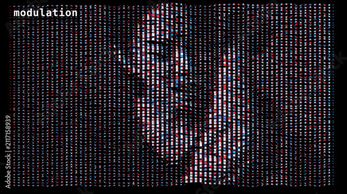 Canvastavla Glitch art portrait with modulation text, digital pixel face mosaic on black bac