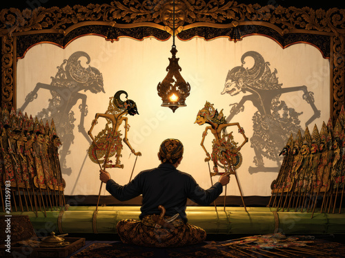Captivating Shadow Puppet Master Orchestrates Traditional Wayang Kulit Performance with Intricate Figures and Dramatic Lighting Evoking Rich Cultural Heritage and Storytelling.