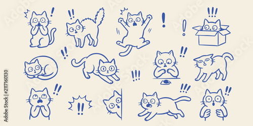 Принти на полотні Surprised and shocked cats showing various expressions hand drawn set with cat l