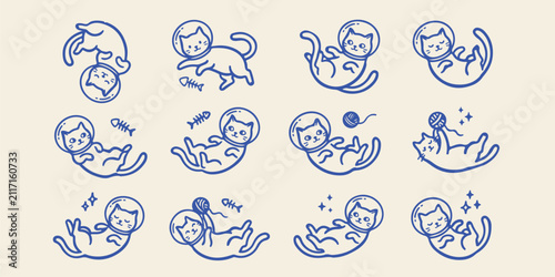 фотографія Set of cute astronaut cats floating in space with outer space zero gravity fish
