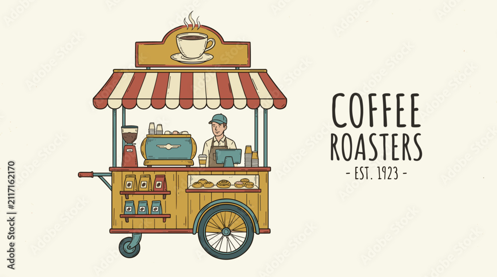 Fototapeta premium Vintage Coffee Cart with Barista Serving Drinks and Pastries, Espresso Machine and Coffee Bags Displayed, Flat Illustration Style with Retro Design Elements and Copy Space