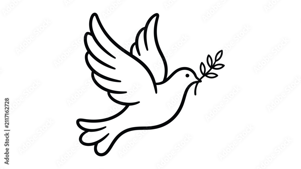 Obraz premium White Line Drawing Dove Holding Olive Branch Flying Gracefully