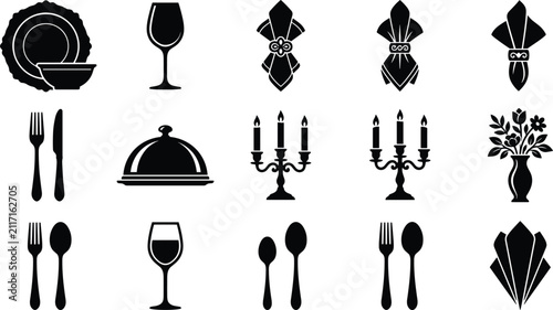 Fine dining and table setting icon collection featuring black silhouettes of plates wine glasses cutlery cloche candelabras napkins and flower vases