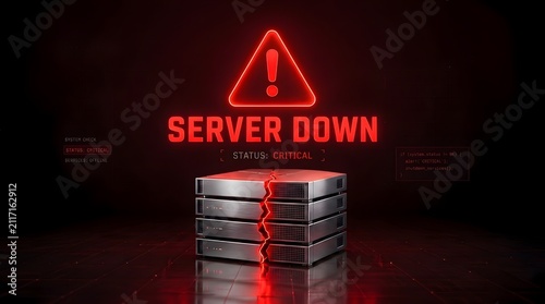 Critical infrastructure failure concept with broken server rack and offline network status warning in dark data center