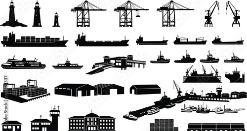 Global maritime shipping and seaport logistics black silhouette icons set with cargo vessels lighthouses harbor cranes warehouses and terminal port infrastructure vector illustration