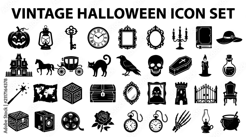 Fototapeta premium Vintage Halloween icon set. Retro spooky vector elements for holiday design projects.