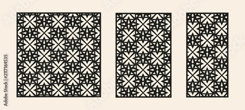 Laser cut panel template set with geometric mosaic pattern. Decorative screen vector layout for cnc router and plasma cutting.