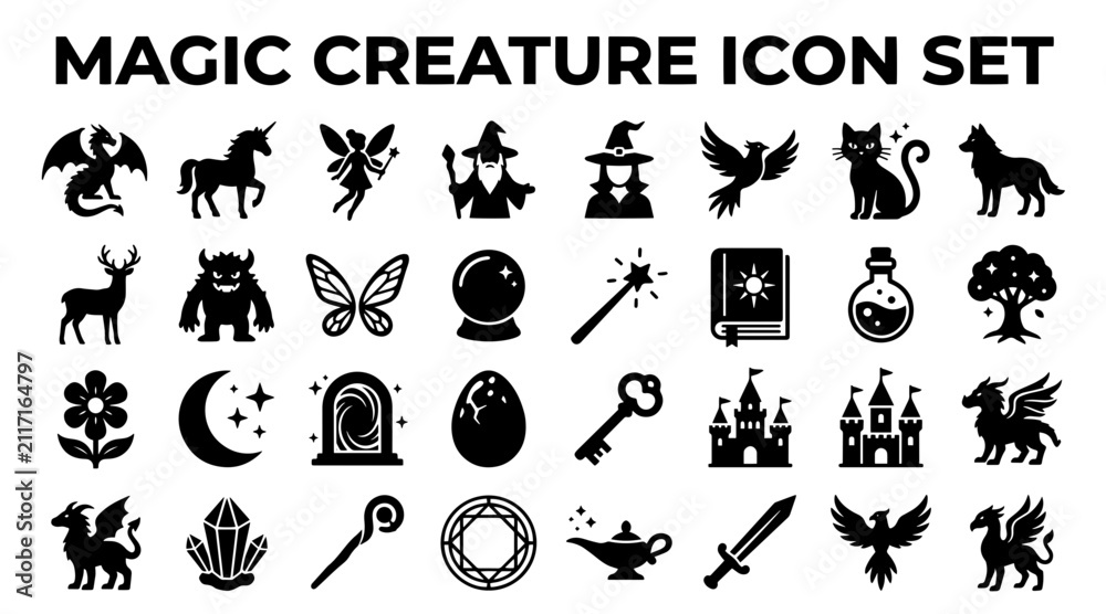 Fototapeta premium Magic creature and fantasy icon set. Black silhouette symbols for mystical design projects.