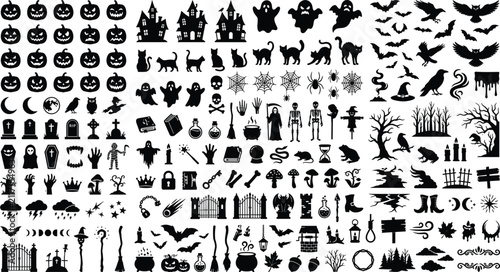 Foto Creepy Autumn Occult and Halloween Silhouette Element Set with Angry Ghosts Grin