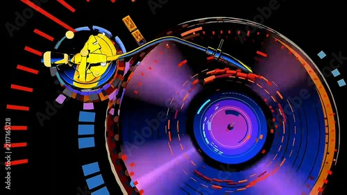 Vibrant neon-colored stylized vinyl record spins, bright yellow tonearm curves smoothly against deep black background