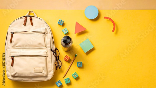School backpack with colorful educational supplies on yellow background