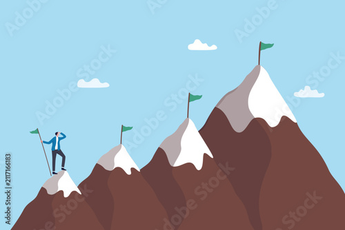 Milestone to reach goal or success target, strategy to progress achievement, leadership planning or advancement, improvement step to mission objective, businessman on mountain looking for next target.