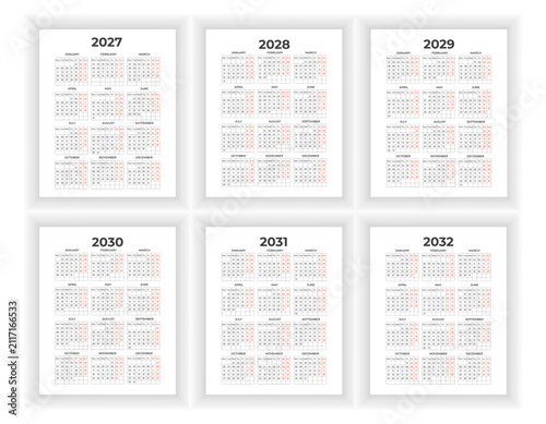 Full year calendar grid layout template collection 2027 to 2032 design