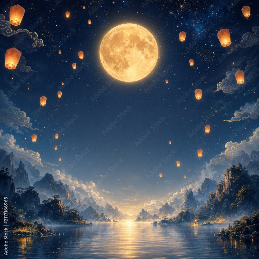 Fototapeta premium Lanterns Floating Over Winding River and Chinese Mountains and water