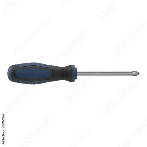 3D Phillips head screwdriver with blue ergonomic handle, metal crosshead hand tool render isolated on white background for construction and DIY repair design