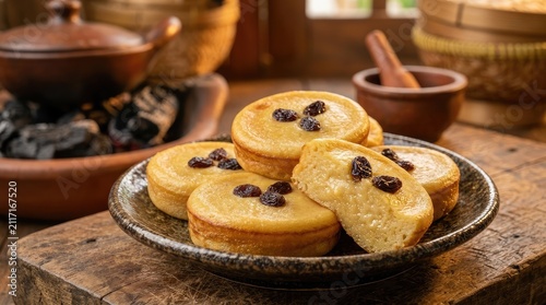 Traditional Round Indonesian Sweet Pancake Snacks Topped with Raisins Served on a Rustic Ceramic Plate in a Warm Kitchen Setting
