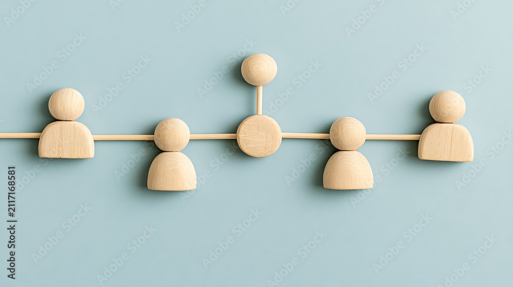 Obraz premium Wooden figures connected by lines on a soft blue background. Concept for team networking, hierarchy and human.