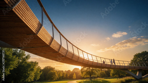 Curving Pedestrian Timber Footbridge Over Urban Greenway at Sunset