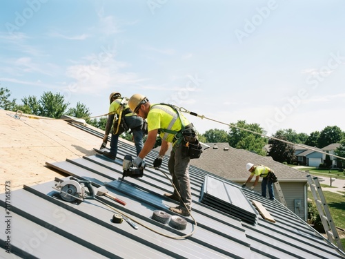 Roofer workers installing a metal roof on a residential house. Professional construction team wearing safety equipment and harness. Home renovation and exterior building maintenance.