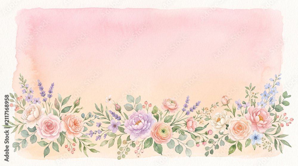 Obraz premium Watercolor floral border with pink roses and lavender on light background.