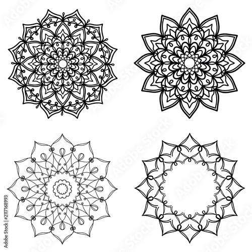 Circular pattern in form of mandala with flower for Henna, Mehndi, tattoo, decoration. Collection. Decorative ornament in ethnic oriental style. Outline doodle