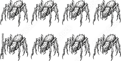 Foto Creepy Halloween tarantula spider vector set featuring scary arachnid insect mon