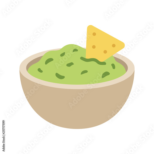 Guacamole Bowl Illustration Containing avocado dip, Mexican food, tortilla chips, appetizer, and flat illustration. Flat illustration