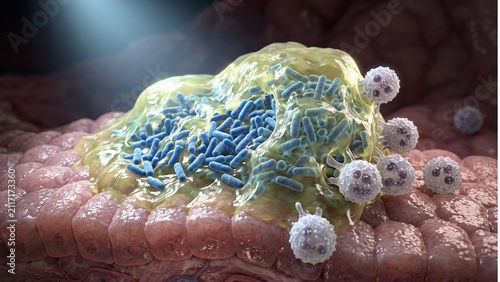 3D medical illustration of a bacterial biofilm on mucosal epithelium resisting immune cells (neutrophils)
