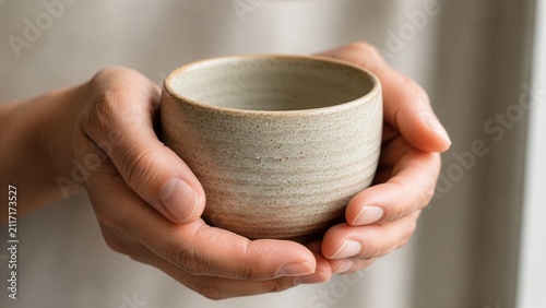 Hands Holding a Handmade Japanese Ceramic Tea Cup in Soft Natural Light