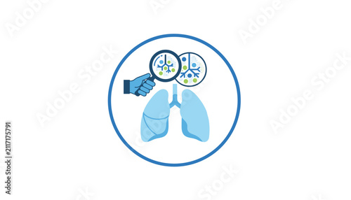 Medical lung diagnostics concept featuring a magnifying glass examining respiratory details within a circular frame.