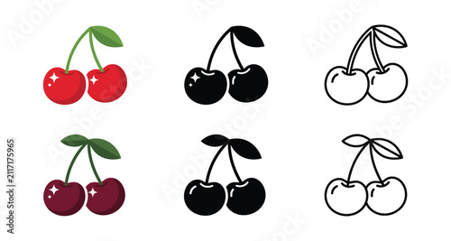 Set of cherry fruit icons in different styles including flat color silhouette and line art design