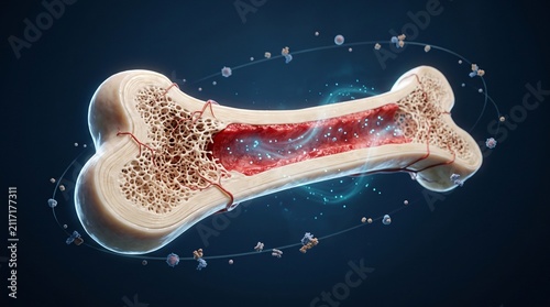 Biological illustration of human long bone cross section with glowing marrow cells skeleton skeletal orthopedic physiology