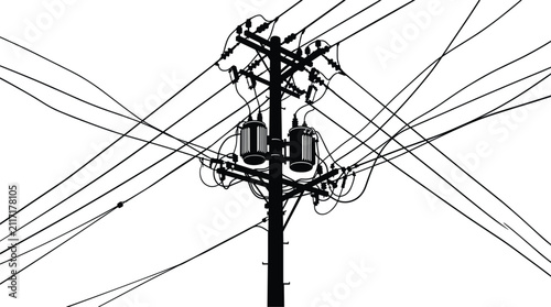 Industrial utility pole silhouette featuring high voltage electrical power lines transformers grid infrastructure and wiring network